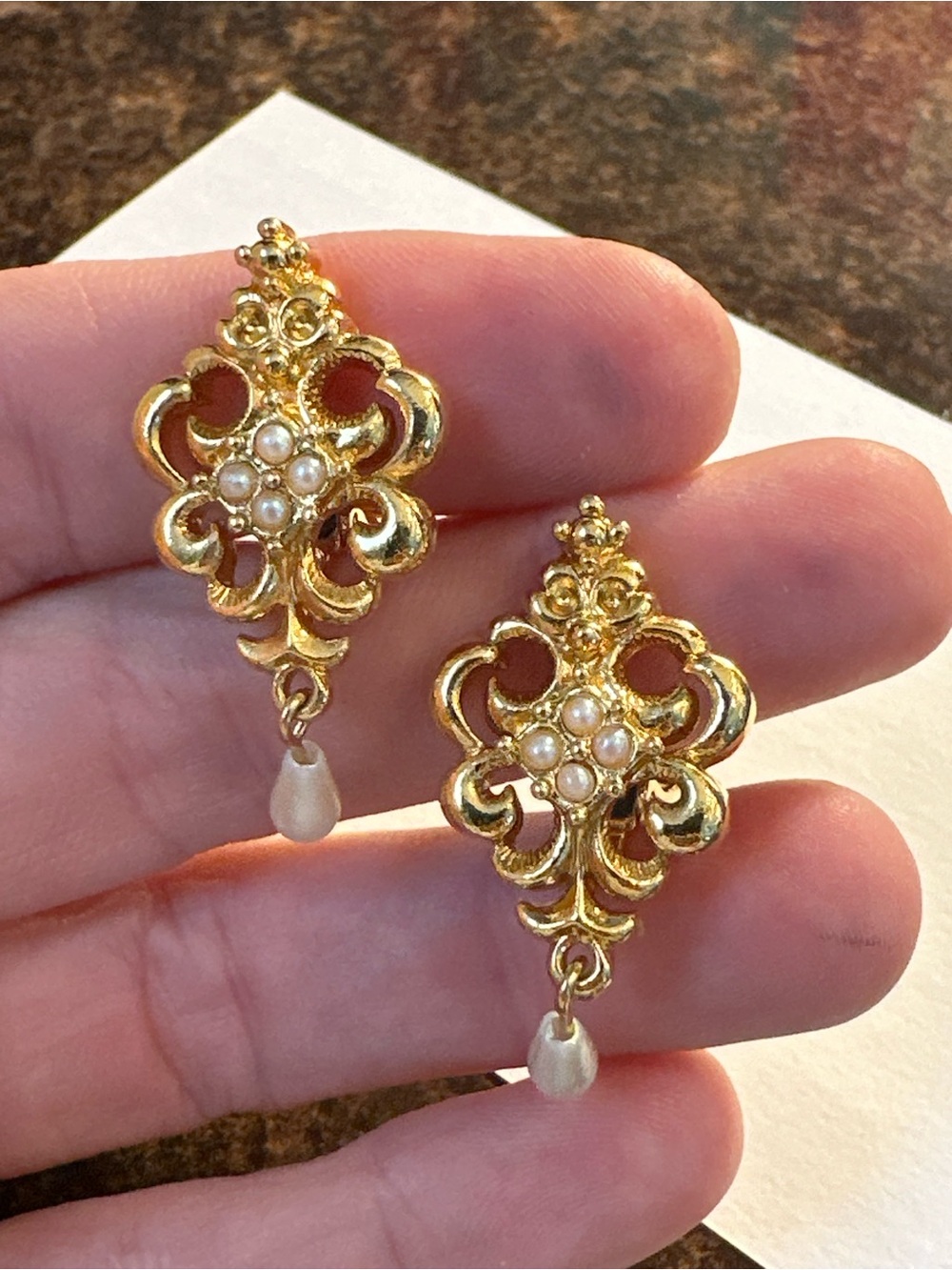 Vintage Gold Tone Faux Pearl Dangle Clip-On Earrings Victorian Revival Statement